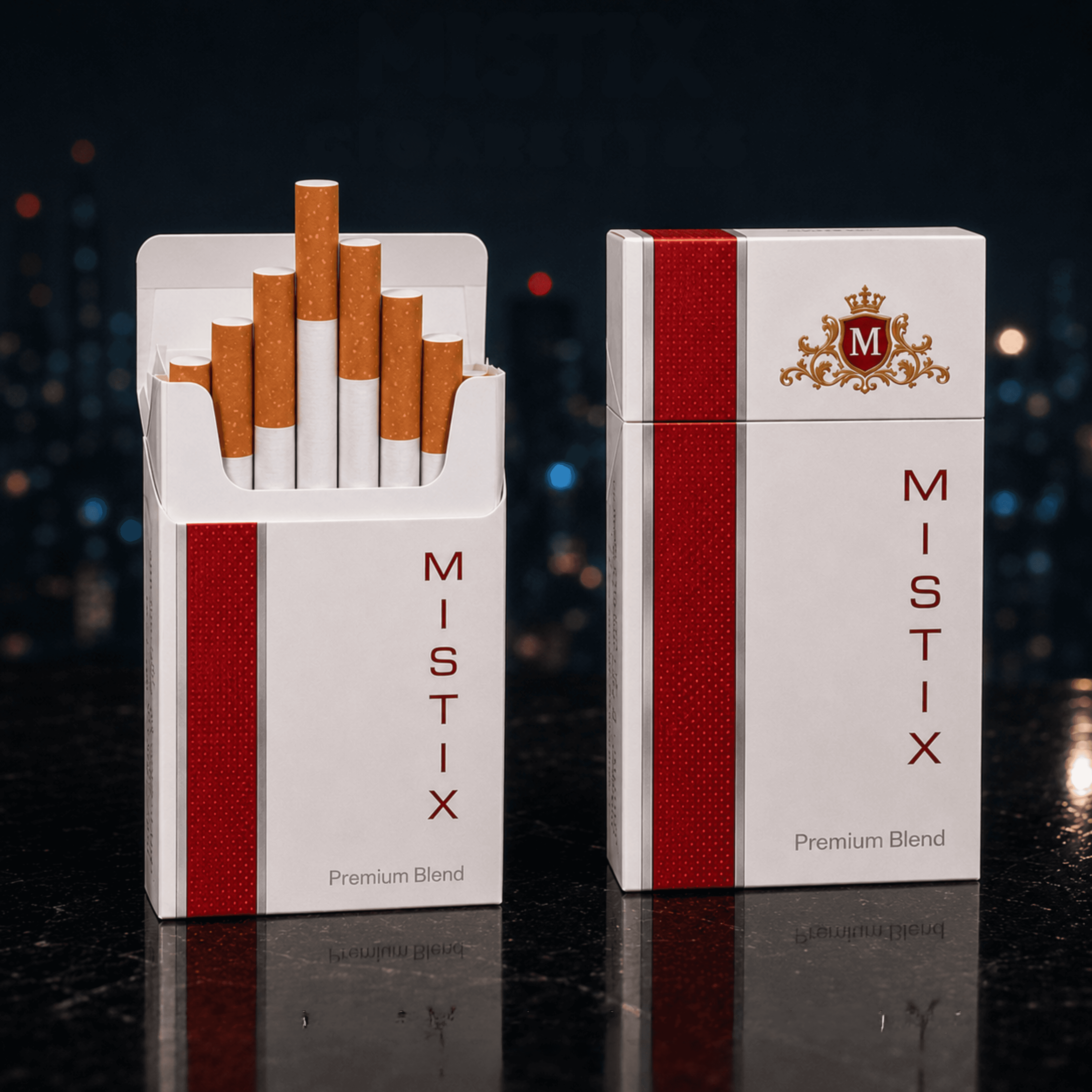 Two white Mistix cigarette packs, one open, featuring red stripes and a gold crest logo.