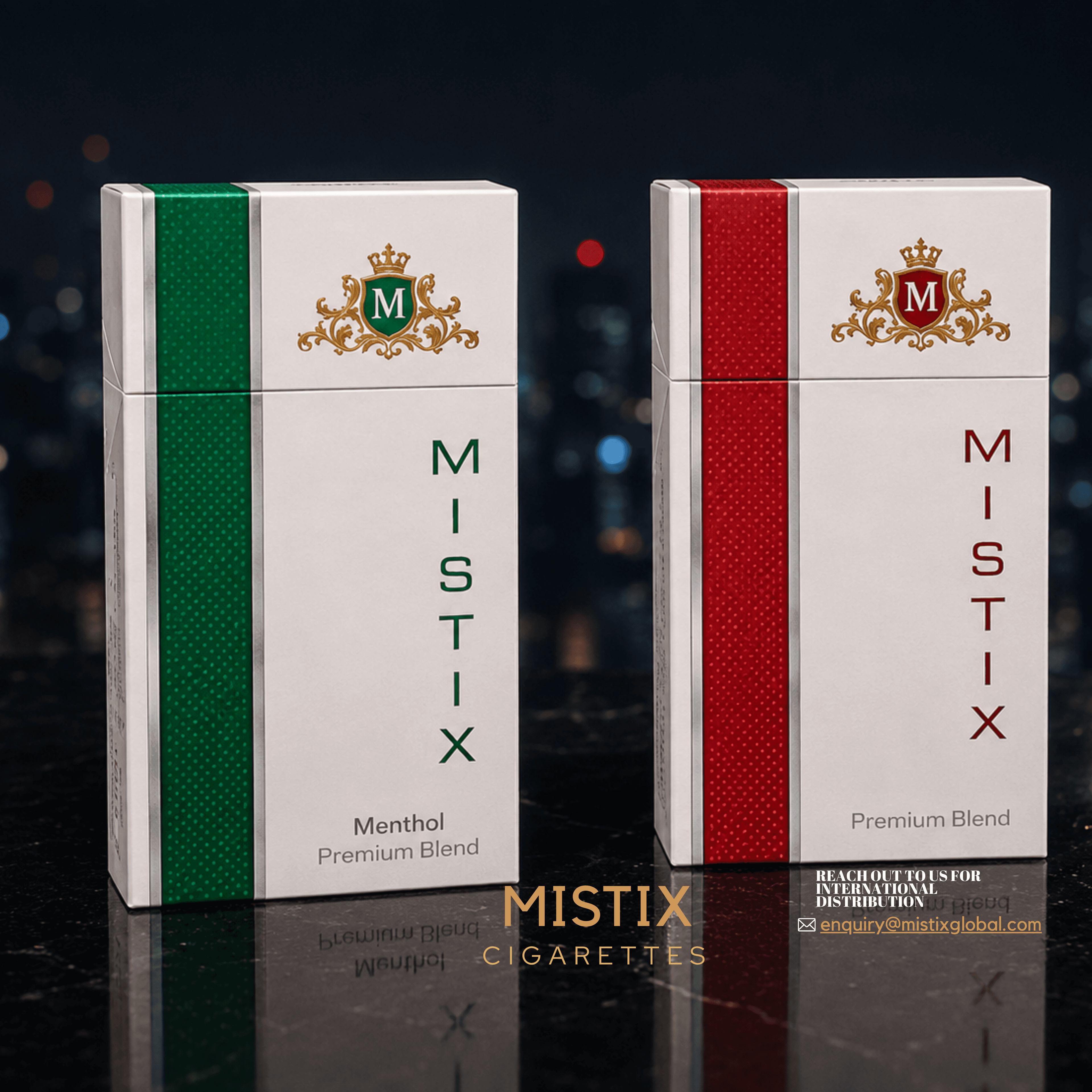 Green menthol and red premium blend Mistix cigarette packs on a dark reflective surface.