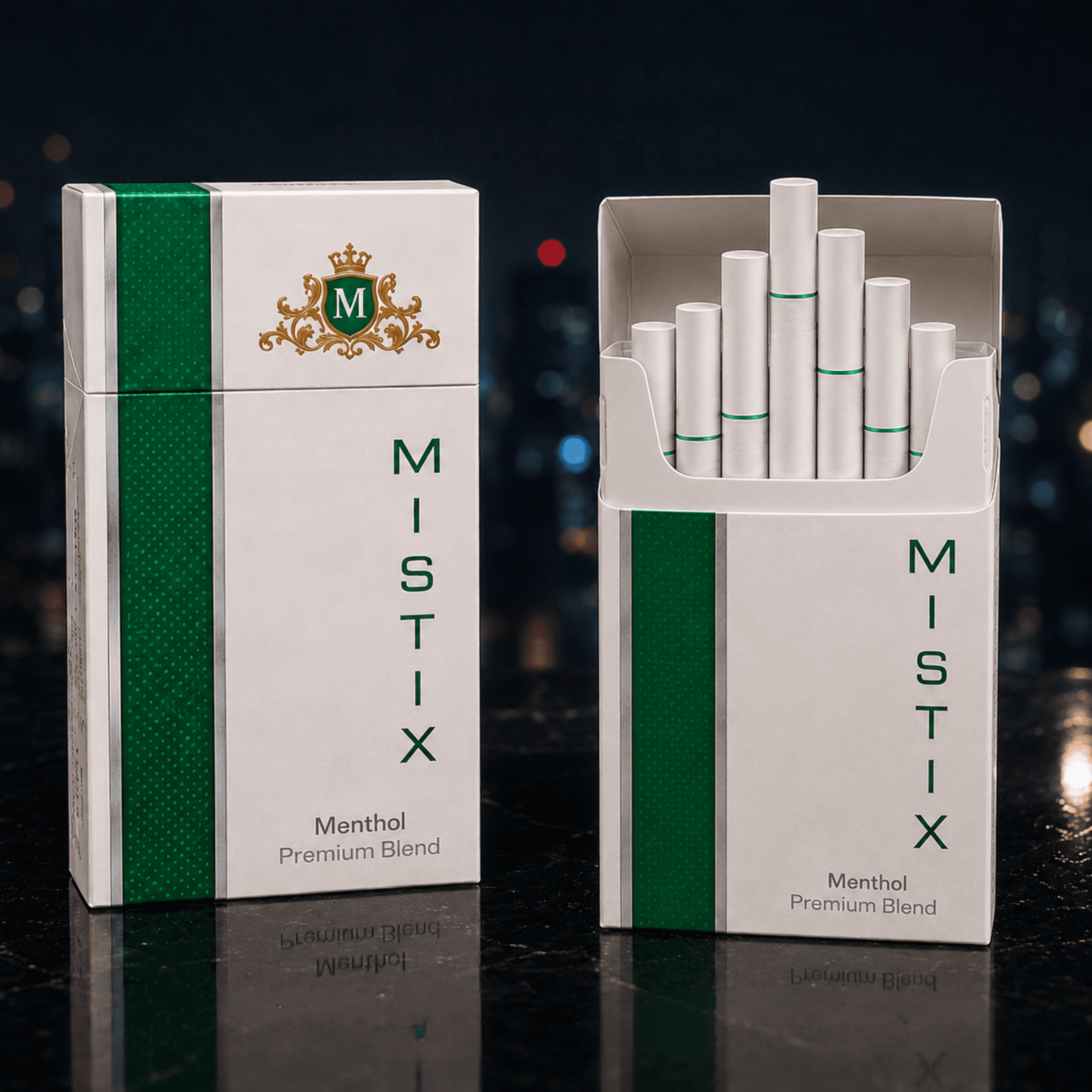 Two Mistix menthol cigarette packs, one open, on a reflective surface with city bokeh lights.